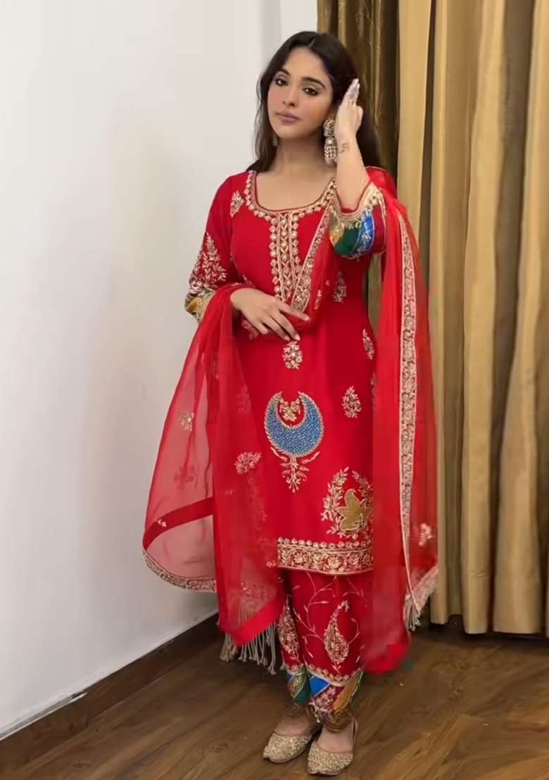 Red Embroidered Crepe Punjabi Suit - Indya