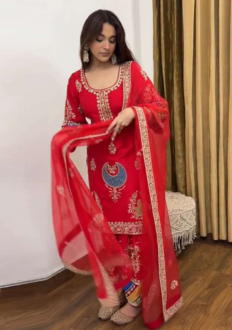 Red Embroidered Crepe Punjabi Suit - Indya