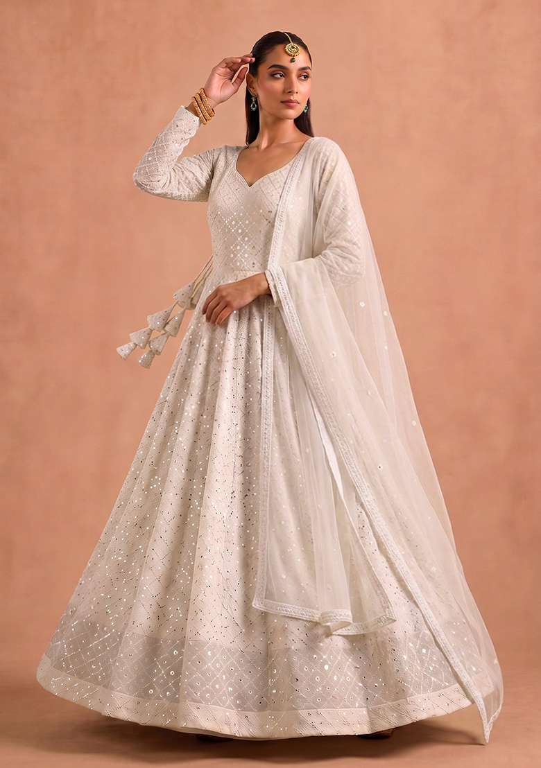 Off White Sequin Work Georgette Anarkali Set - Indya