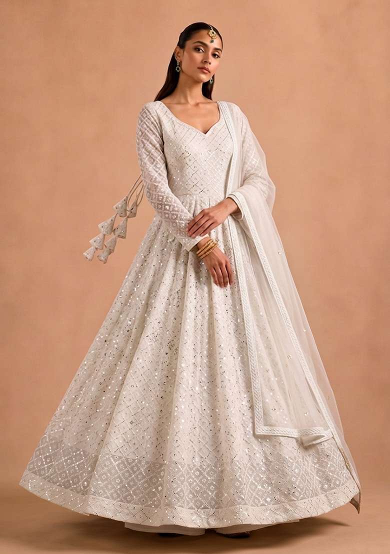 Off White Sequin Work Georgette Anarkali Set - Indya