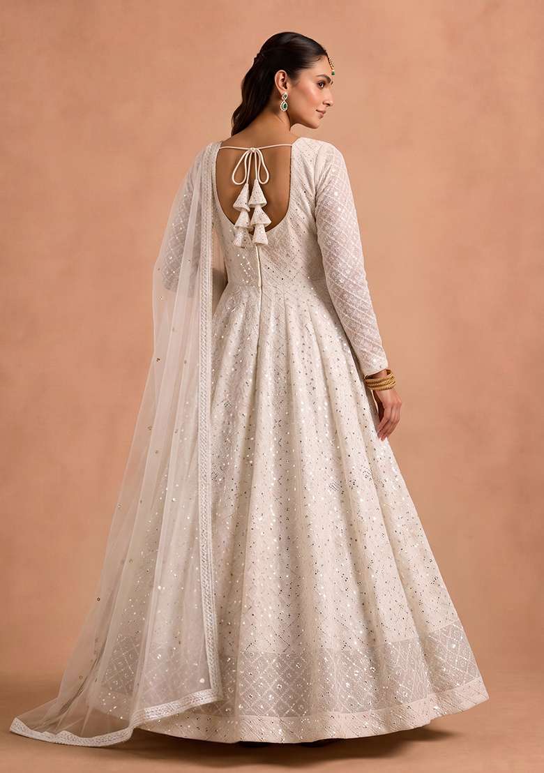 Off White Sequin Work Georgette Anarkali Set - Indya