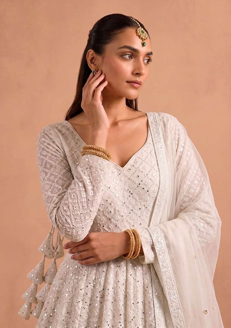 Off White Sequin Work Georgette Anarkali Set - Indya