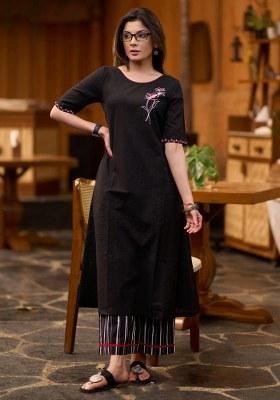Black Embroidered Cotton Straight Kurta Set