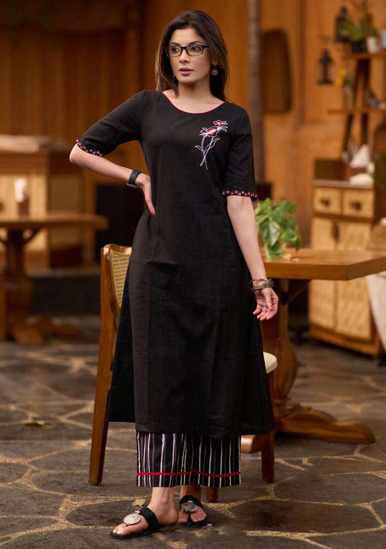 Black Embroidered Cotton Straight Kurta Set - Indya