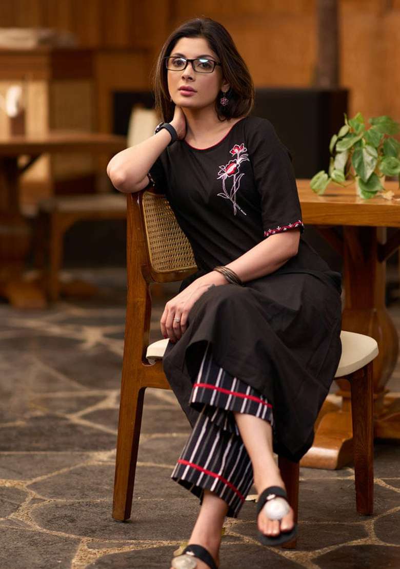 Black Embroidered Cotton Straight Kurta Set - Indya