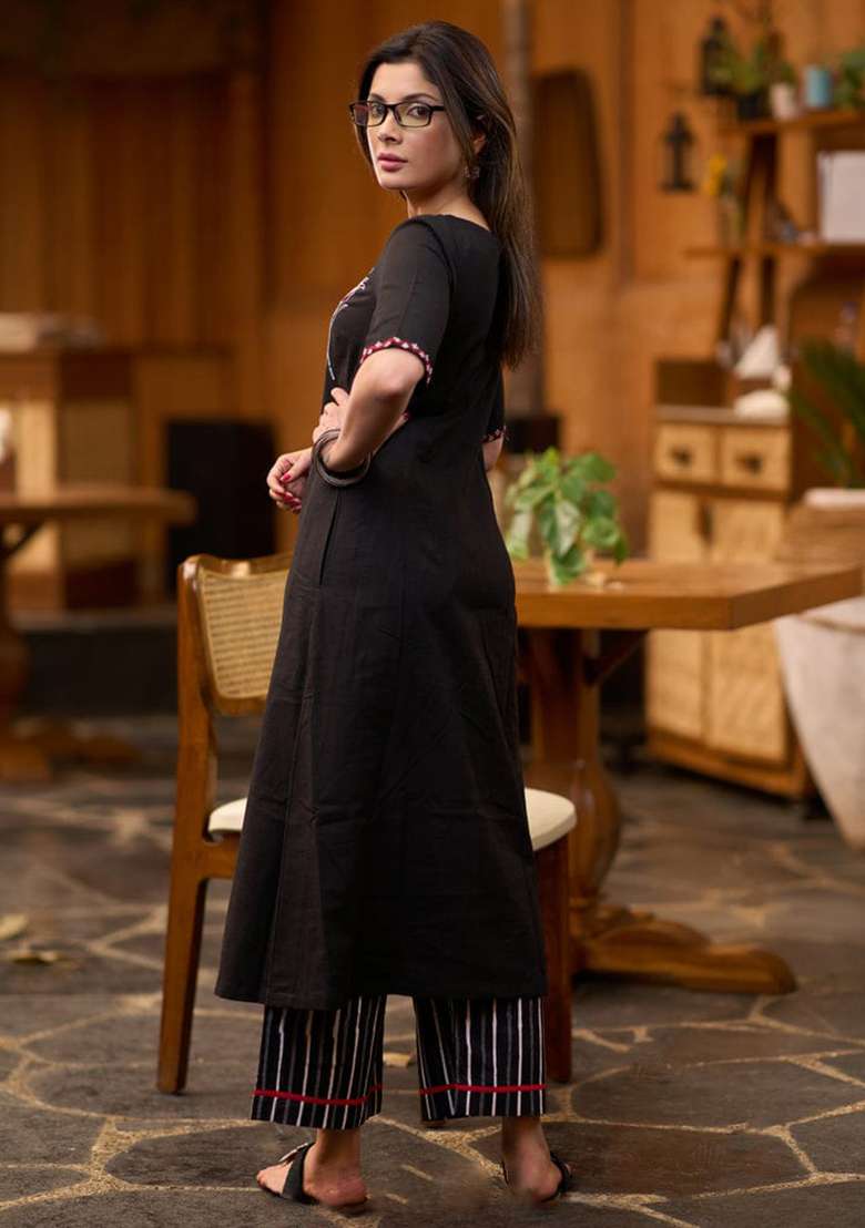 Black Embroidered Cotton Straight Kurta Set - Indya