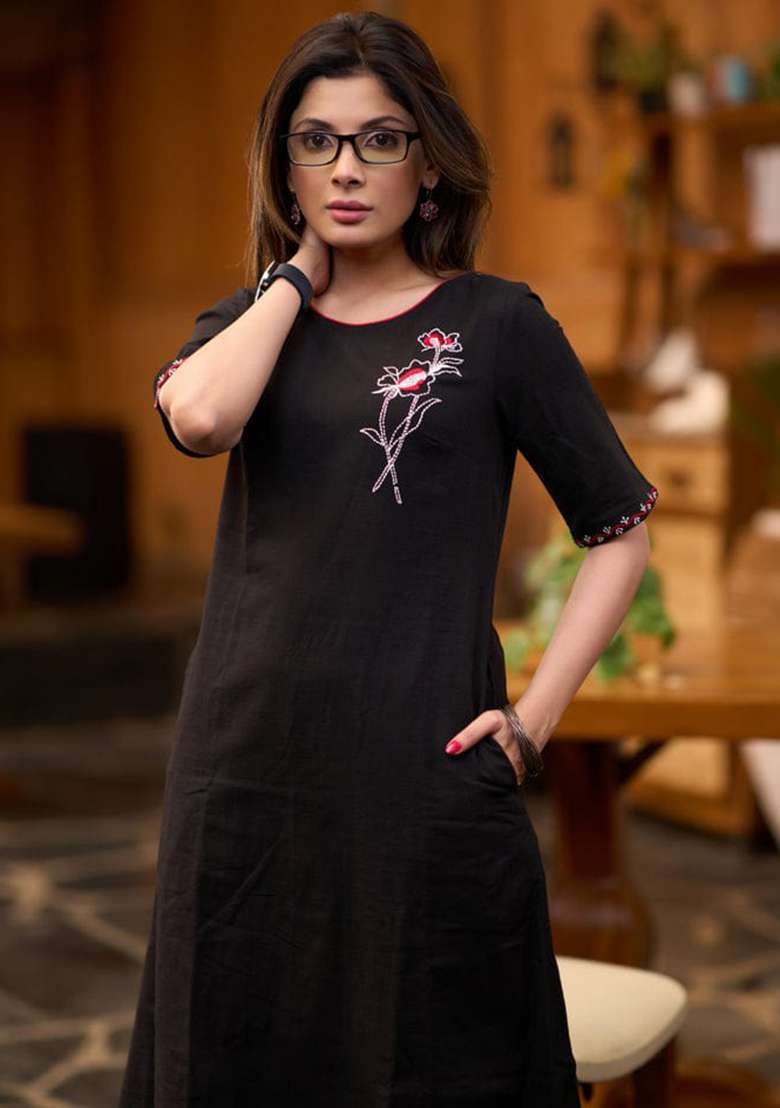 Black Embroidered Cotton Straight Kurta Set - Indya
