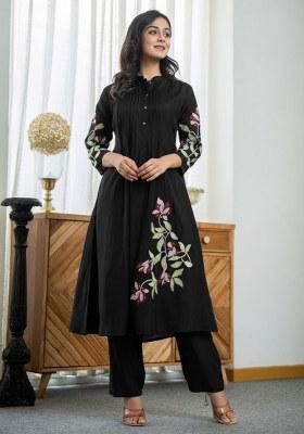 Black Hand Embroidery Cotton  Kurta Set