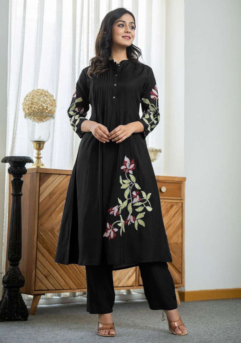 Black Hand Embroidery Cotton  Kurta Set - Indya