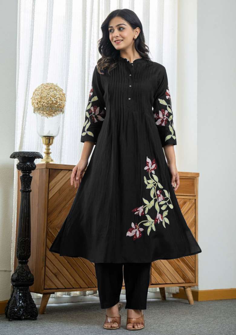 Black Hand Embroidery Cotton  Kurta Set - Indya