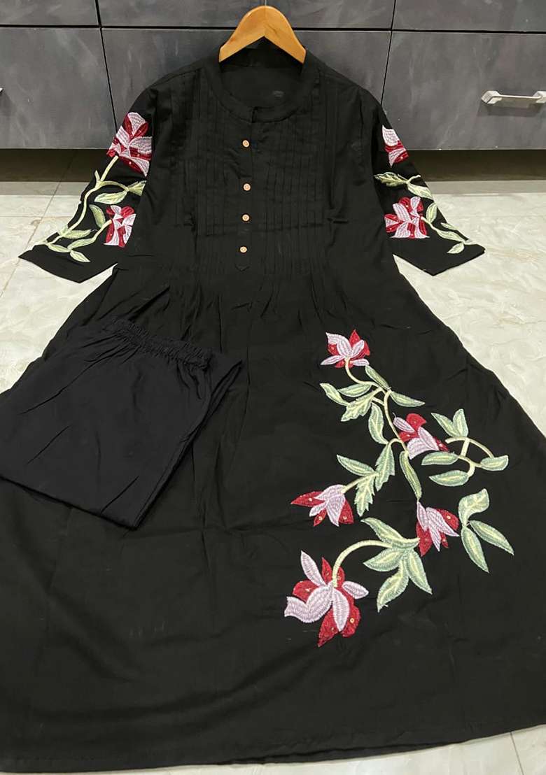 Black Hand Embroidery Cotton  Kurta Set - Indya