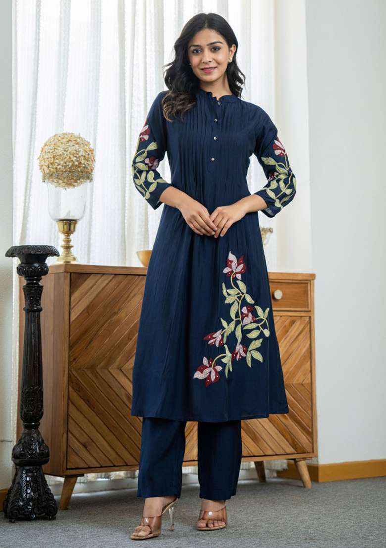 Blue Embroidered Cotton A Line Kurta Set - Indya