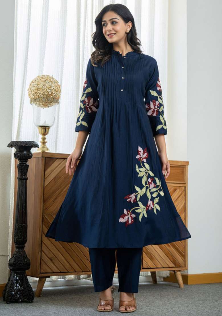 Blue Embroidered Cotton A Line Kurta Set - Indya