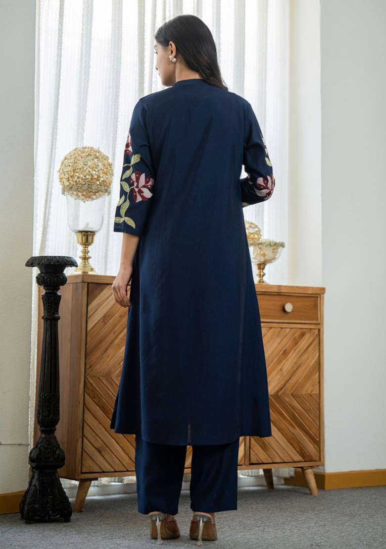 Blue Embroidered Cotton A Line Kurta Set - Indya