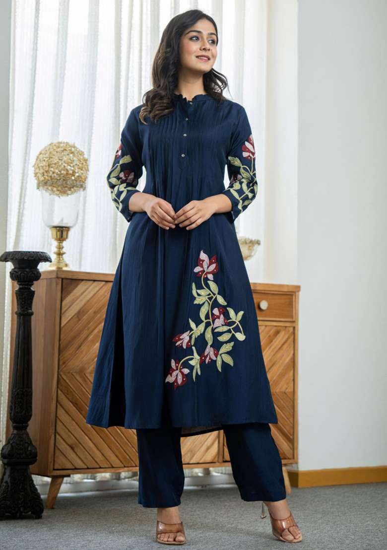Blue Embroidered Cotton A Line Kurta Set - Indya