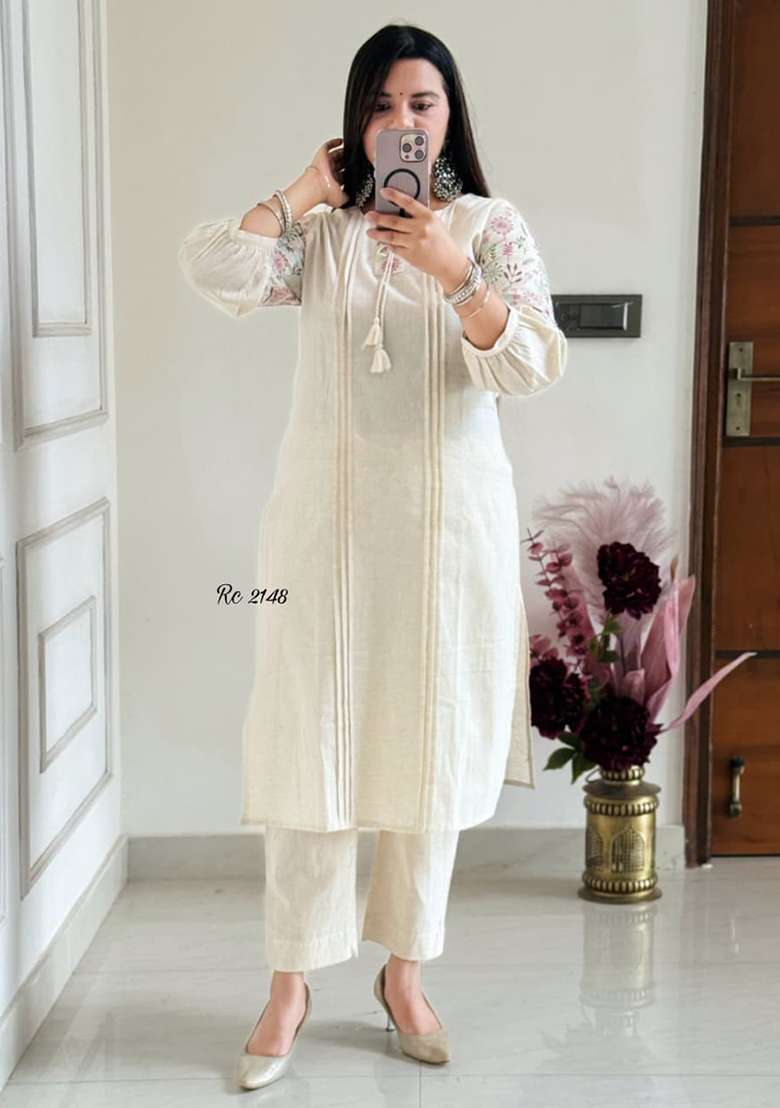 Off White Chikankari Cotton Straight Kurta Set - Indya