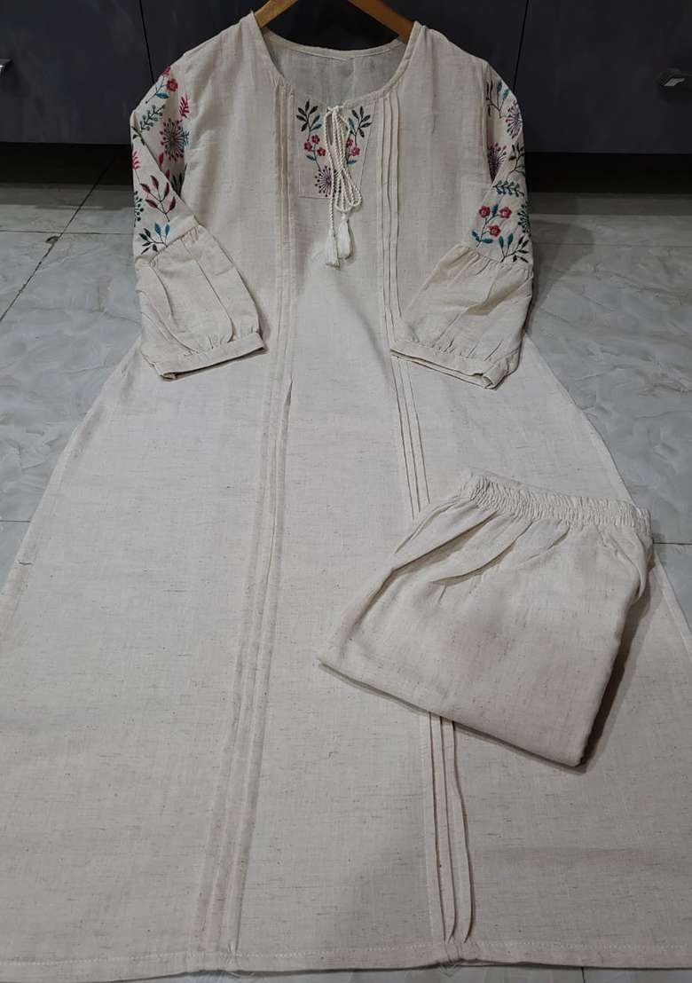 Off White Chikankari Cotton Straight Kurta Set - Indya