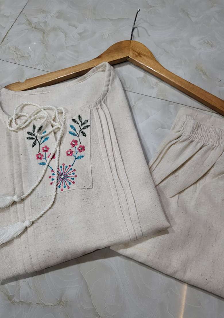 Off White Chikankari Cotton Straight Kurta Set - Indya