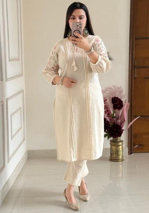 Off White Embroidery Cotton  Kurta Set