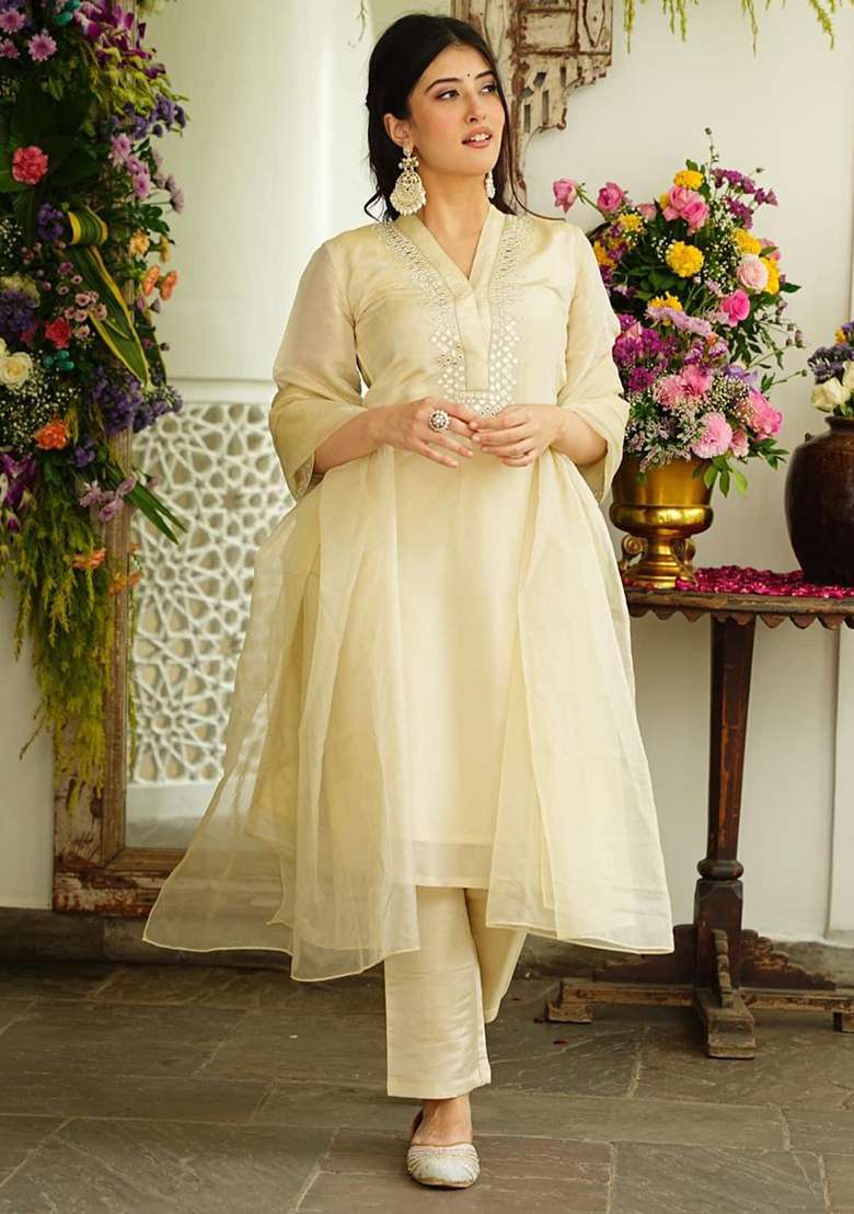 Cream Embroidered Cotton Straight Kurta Set - Indya