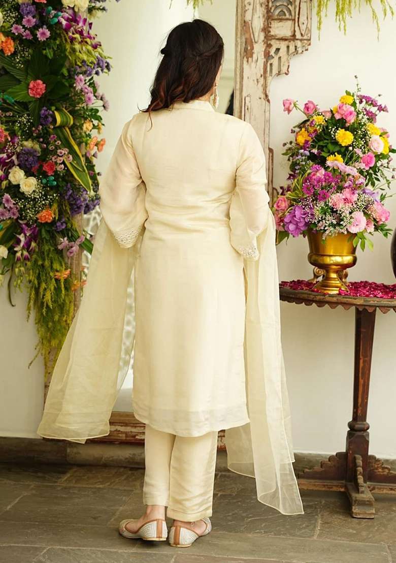 Cream Embroidered Cotton Straight Kurta Set - Indya