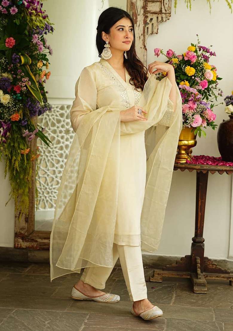 Cream Embroidered Cotton Straight Kurta Set - Indya