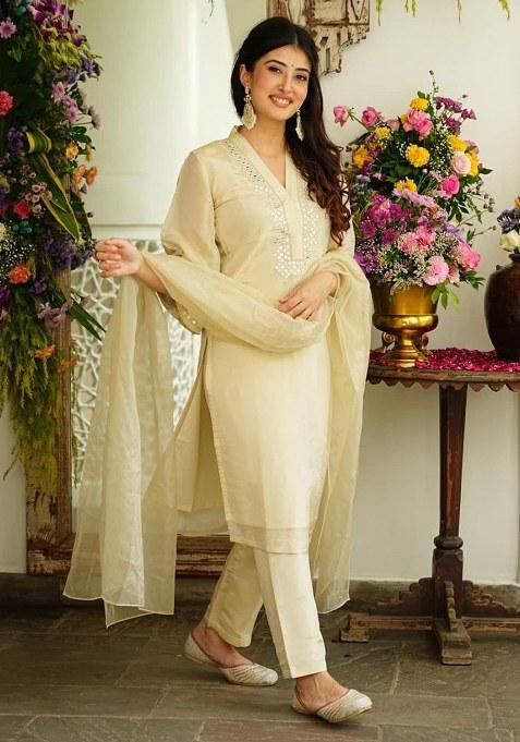 Cream Mirror Work Cotton  Kurta Set