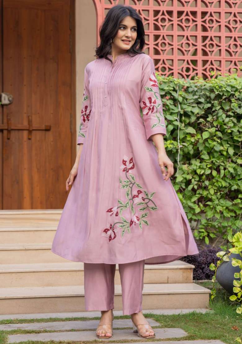 Pink Embroidered Cotton A Line Kurta Set - Indya
