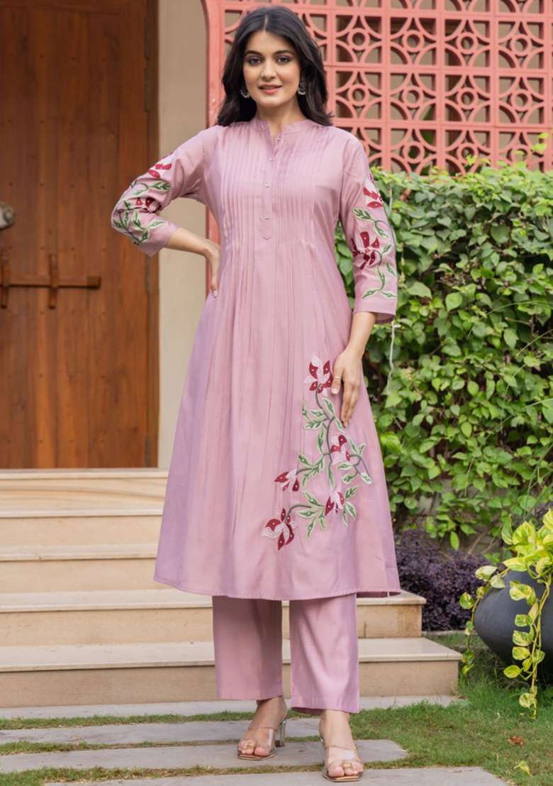 Pink Embroidered Cotton A Line Kurta Set - Indya