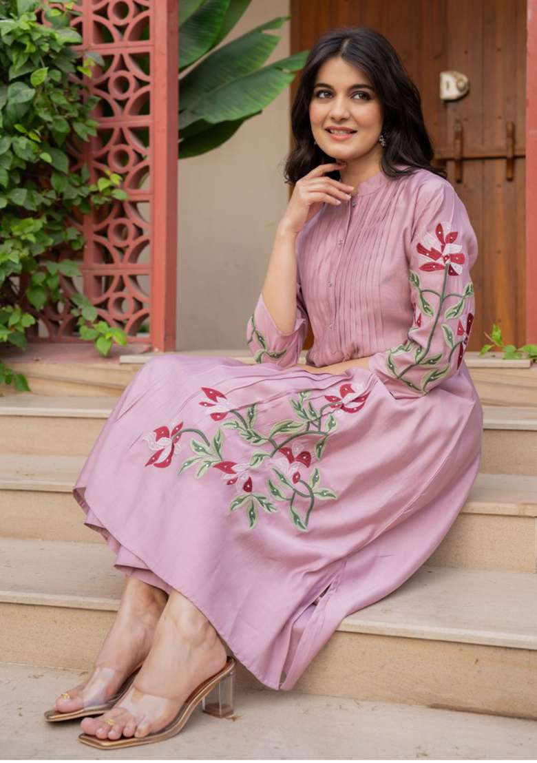 Pink Embroidered Cotton A Line Kurta Set - Indya