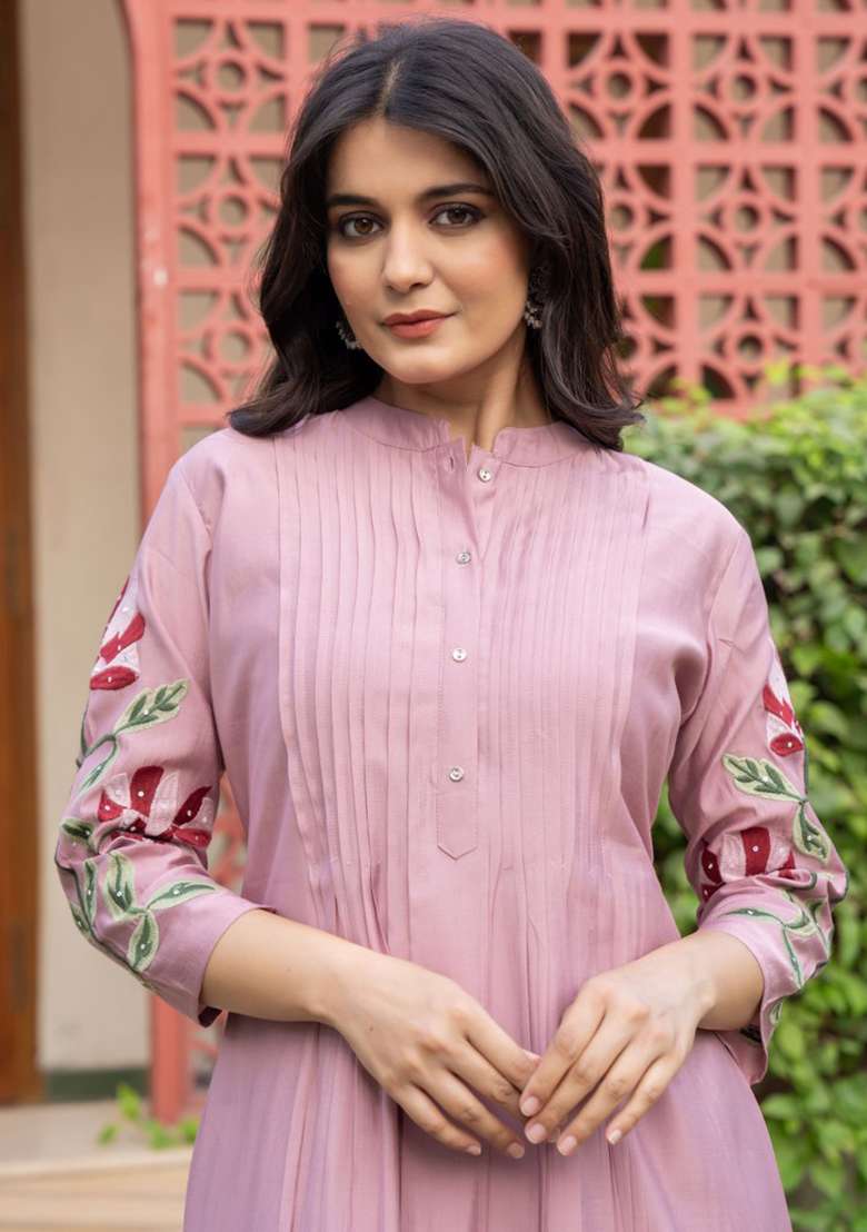 Pink Embroidered Cotton A Line Kurta Set - Indya