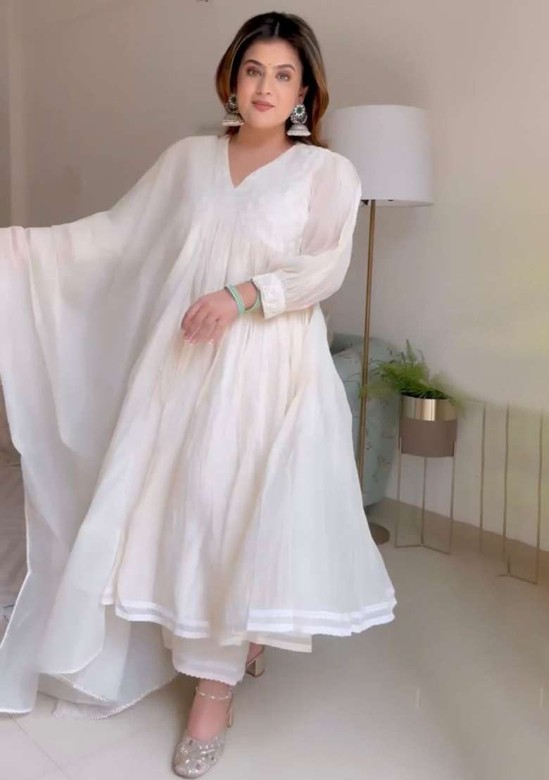 Off White Solid Cotton Anarkali Set - Indya