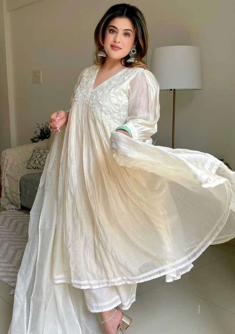 Off White Solid Cotton Anarkali Set - Indya