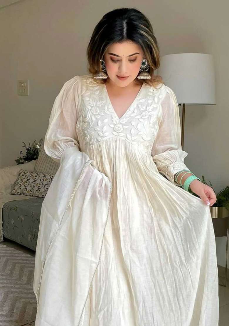 Off White Solid Cotton Anarkali Set - Indya