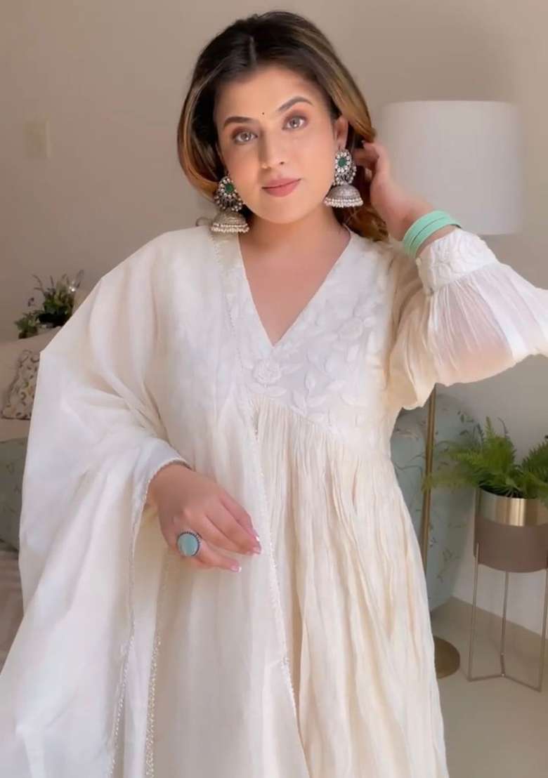 Off White Solid Cotton Anarkali Set - Indya