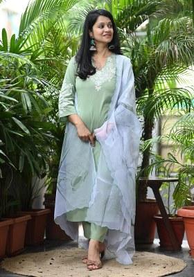 Green Embroidery Cotton  Kurta Pant Set