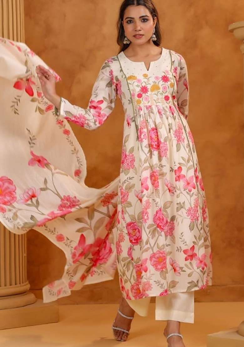 White Embroidered Cotton A Line Kurta Set - Indya