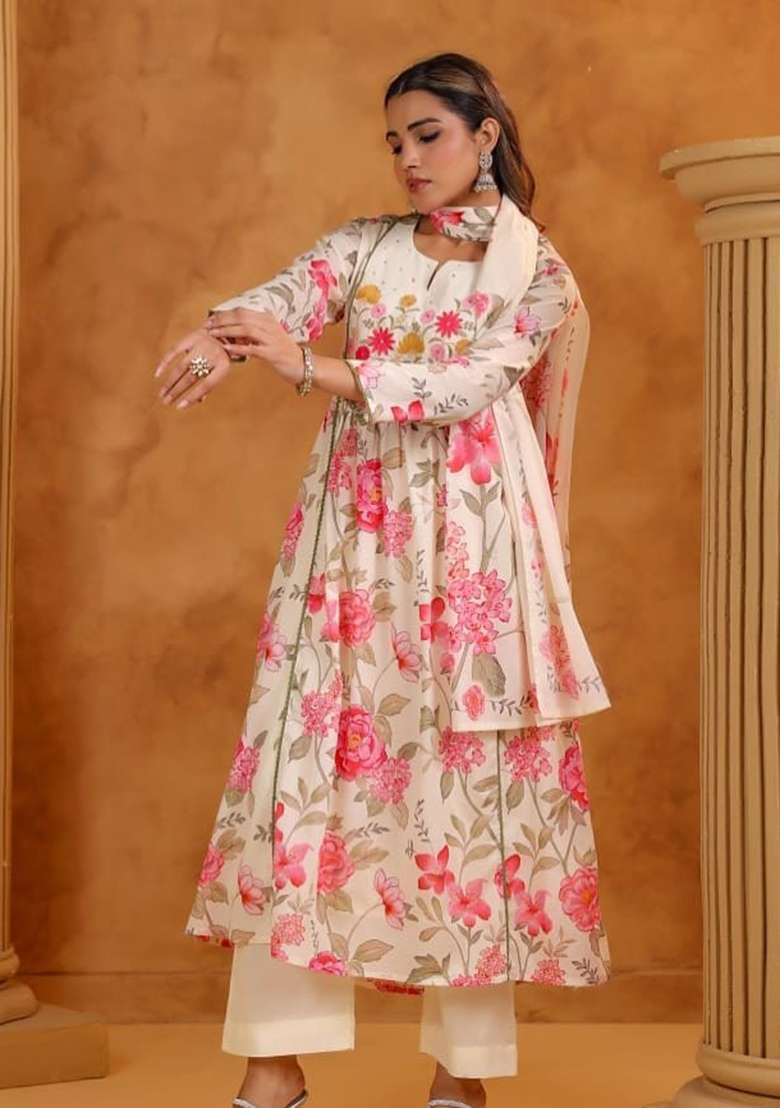 White Embroidered Cotton A Line Kurta Set - Indya