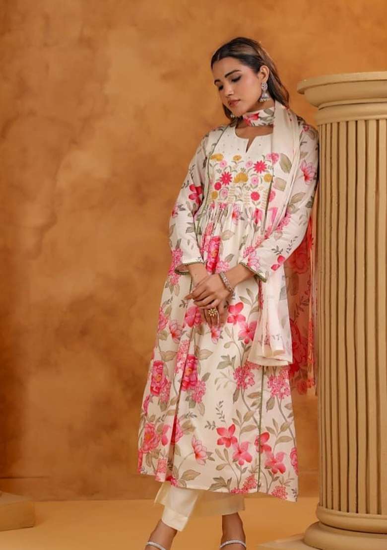 White Embroidered Cotton A Line Kurta Set - Indya
