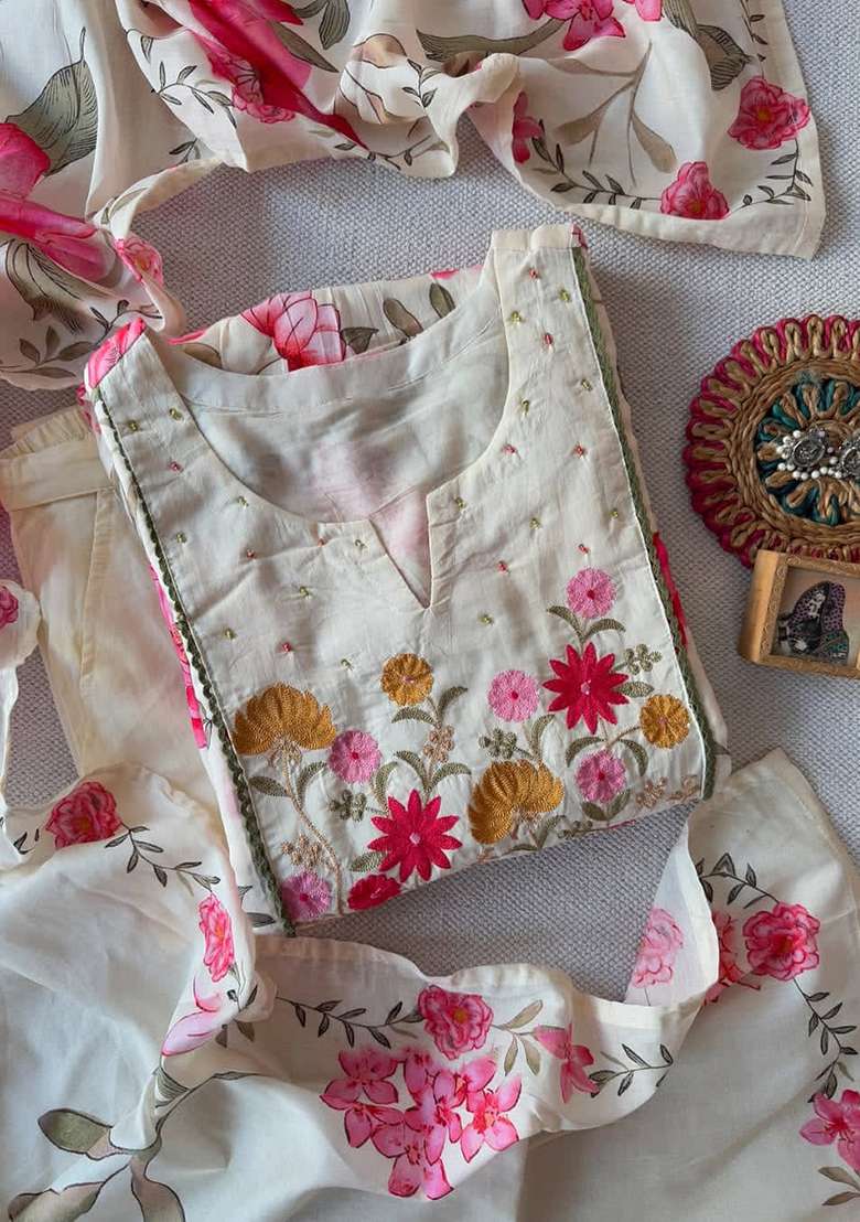 White Embroidered Cotton A Line Kurta Set - Indya