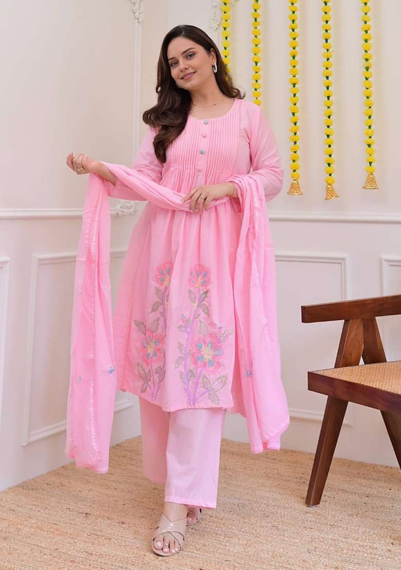 Pink Embroidered Cotton A Line Kurta Set - Indya