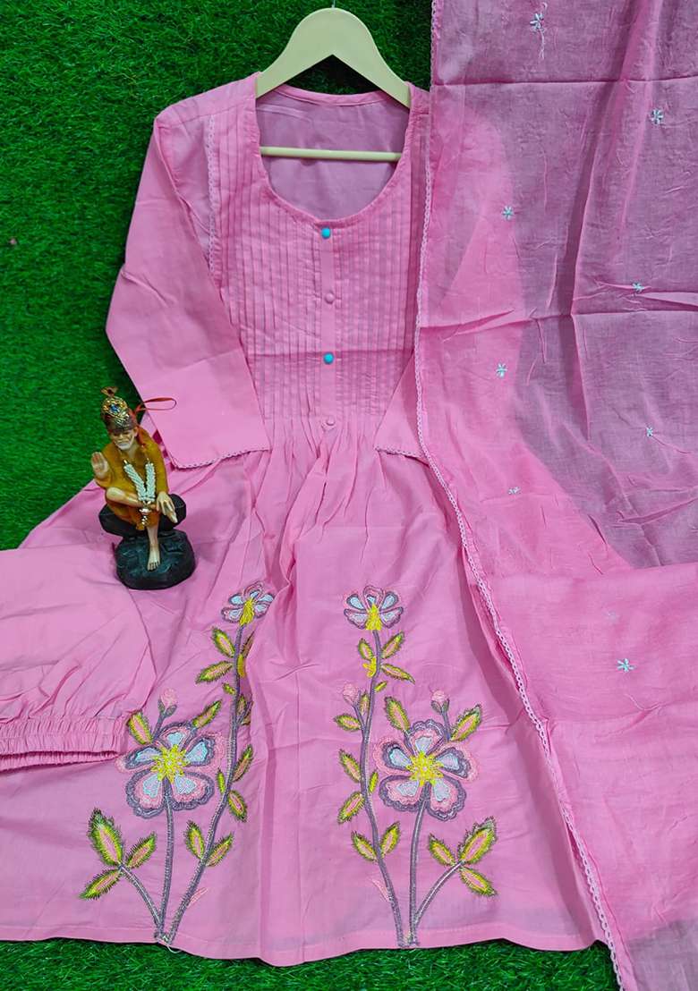 Pink Embroidered Cotton A Line Kurta Set - Indya