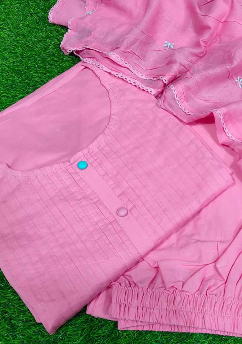 Pink Embroidered Cotton A Line Kurta Set - Indya