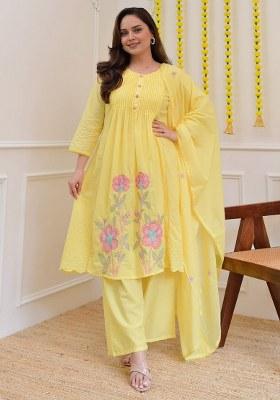 Yellow Embroidered Cotton A Line Kurta Set