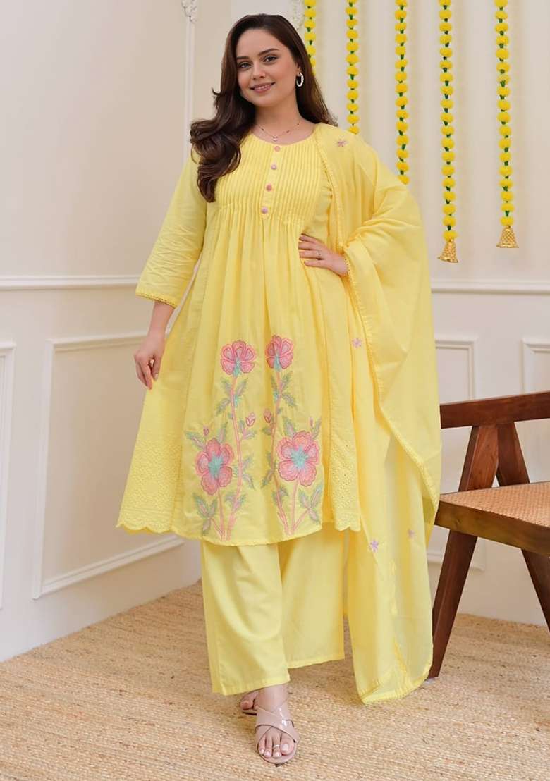 Yellow Embroidered Cotton A Line Kurta Set - Indya