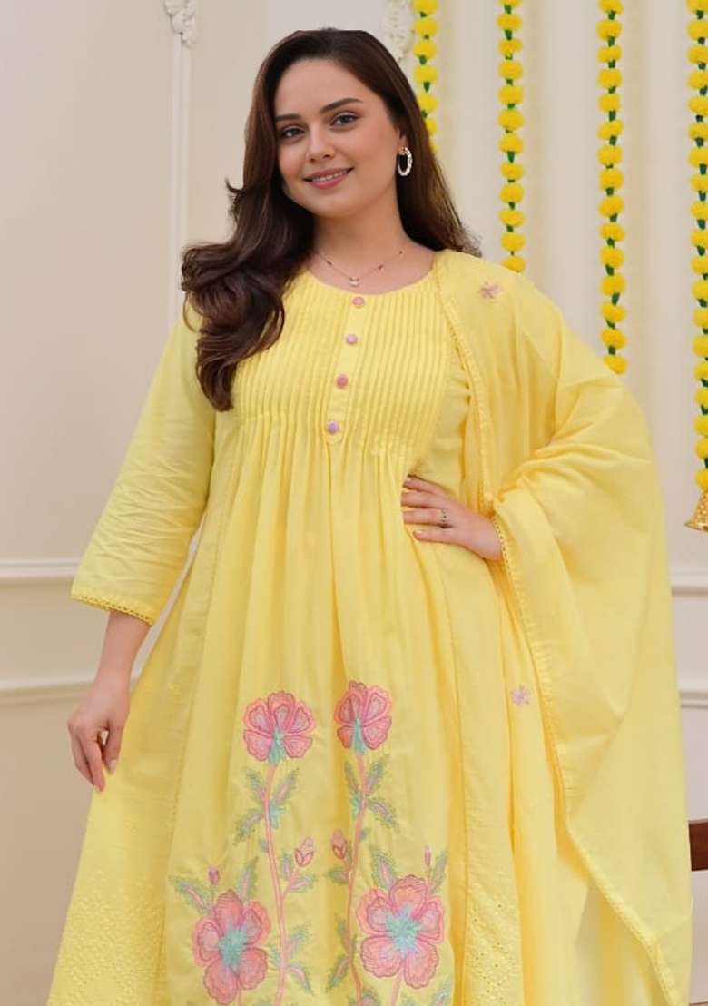 Yellow Embroidered Cotton A Line Kurta Set - Indya
