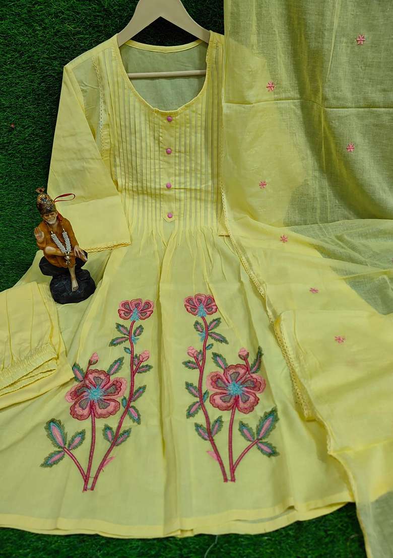 Yellow Embroidered Cotton A Line Kurta Set - Indya