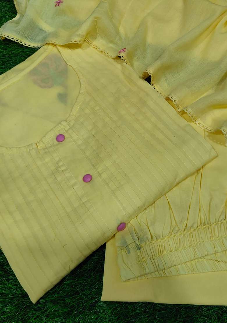 Yellow Embroidered Cotton A Line Kurta Set - Indya