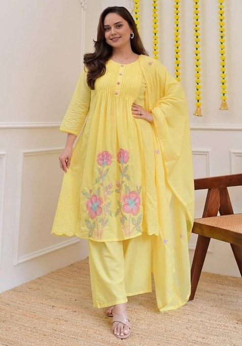 Yellow Embroidery Cotton  Kurta Pant Set