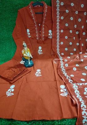 Rust Embroidery Cotton  Kurta Pant Set